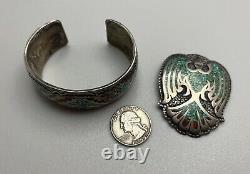 Vintage Navajo Sterling Silver Turquoise & Coral Inlaid Cuff Bracelet & Pendant