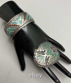 Vintage Navajo Sterling Silver Turquoise & Coral Inlaid Cuff Bracelet & Pendant