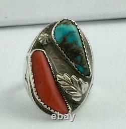 Vintage Navajo Sterling Silver Turquoise Coral Leaf Cast Stamped Ring Size 9.25
