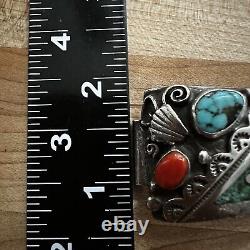Vintage Navajo Sterling Silver Turquoise Coral Mens Watch Band Tips Patina