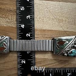Vintage Navajo Sterling Silver Turquoise Coral Mens Watch Band Tips Patina