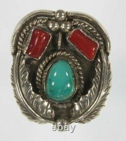 Vintage Navajo Sterling Silver Turquoise & Coral Ring Sz 6.50