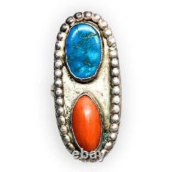 Vintage Navajo Sterling Silver, Turquoise, & Coral Split Shank Ring Sz. 7.75