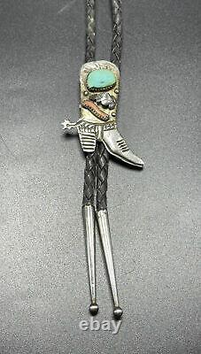 Vintage Navajo Sterling Silver Turquoise Cowboy Boot Bolo Tie Necklace Signed TL