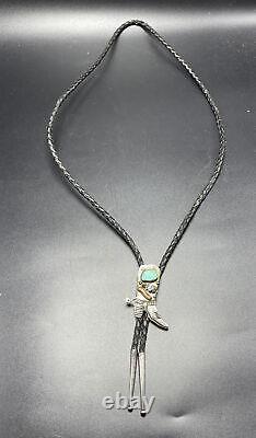 Vintage Navajo Sterling Silver Turquoise Cowboy Boot Bolo Tie Necklace Signed TL