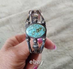 Vintage Navajo Sterling Silver Turquoise Cuff Bracelet Signed M Henry Morgan