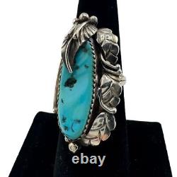 Vintage Navajo Sterling Silver Turquoise Feather Ring signed I W