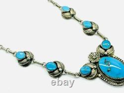 Vintage Navajo Sterling Silver Turquoise Flower Motif Drop Necklace