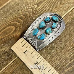 Vintage Navajo Sterling Silver Turquoise Horseshoe Scalloped Concho Belt Buckle