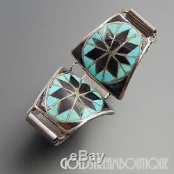 Vintage Navajo Sterling Silver Turquoise Jet Snowflake Inlay Watch Band Links