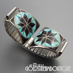 Vintage Navajo Sterling Silver Turquoise Jet Snowflake Inlay Watch Band Links