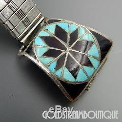 Vintage Navajo Sterling Silver Turquoise Jet Snowflake Inlay Watch Band Links