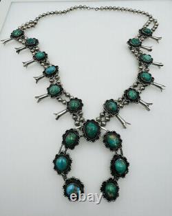 Vintage Navajo Sterling Silver Turquoise Large Squash Blossom Necklace