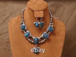 Vintage Navajo Sterling Silver Turquoise Necklace and Earrings Set