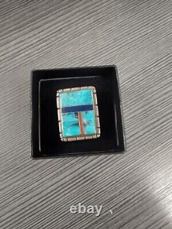 Vintage Navajo Sterling Silver Turquoise Ring Size 7.25 18g Lapis Coral Abstract