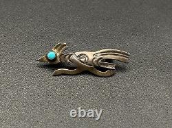 Vintage Navajo Sterling Silver Turquoise Running Bird Stampwork Pin Brooch