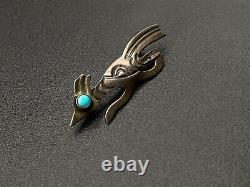 Vintage Navajo Sterling Silver Turquoise Running Bird Stampwork Pin Brooch