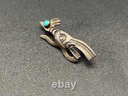 Vintage Navajo Sterling Silver Turquoise Running Bird Stampwork Pin Brooch