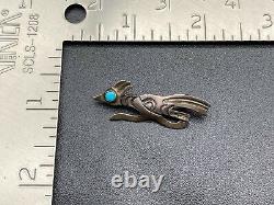 Vintage Navajo Sterling Silver Turquoise Running Bird Stampwork Pin Brooch