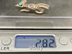 Vintage Navajo Sterling Silver Turquoise Running Bird Stampwork Pin Brooch