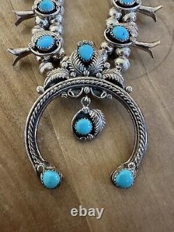 Vintage Navajo Sterling Silver Turquoise Squash Blossom Necklace Signed C. Haley