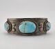 Vintage Navajo Sterling Silver Turquoise Stamped Feather Cuff Bracelet