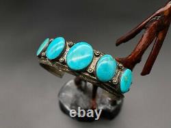 Vintage Navajo Sterling Silver Turquoise Stampwork Bracelet Cuff
