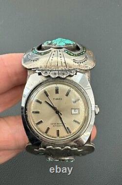 Vintage Navajo Sterling Silver Turquoise Stone Cuff Bracelet Timex Watch