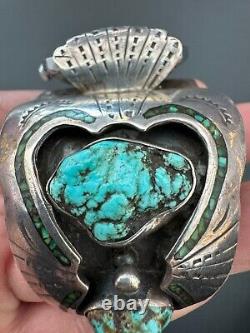 Vintage Navajo Sterling Silver Turquoise Stone Cuff Bracelet Timex Watch