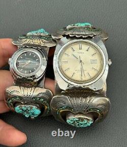 Vintage Navajo Sterling Silver Turquoise Stone Cuff Bracelet Timex Watch