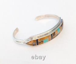Vintage Navajo Sterling Silver Turquoise Tiger Eye Channel Inlay Cuff Signed LC