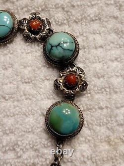 Vintage Navajo Sterling Silver Turquoise and Coral Bracelet Gorgeous Jewelry