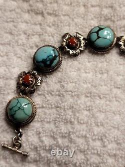 Vintage Navajo Sterling Silver Turquoise and Coral Bracelet Gorgeous Jewelry
