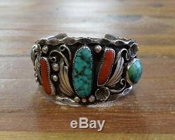 Vintage Navajo Sterling Silver Turquoise and Coral Cuff Bracelet