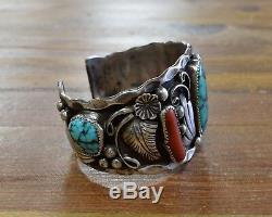 Vintage Navajo Sterling Silver Turquoise and Coral Cuff Bracelet