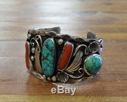 Vintage Navajo Sterling Silver Turquoise and Coral Cuff Bracelet