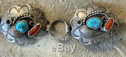 Vintage Navajo Sterling Silver Turquoise and Coral Stamped Concho Belt