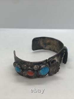 Vintage Navajo Sterling Silver Turquoise and Coral Watch Bracelet 7