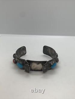 Vintage Navajo Sterling Silver Turquoise and Coral Watch Bracelet 7