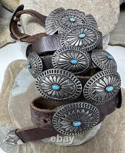 Vintage Navajo Sterling Silver Turquoise brown Leather Concho Belt with Buckle