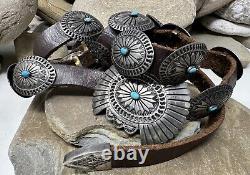 Vintage Navajo Sterling Silver Turquoise brown Leather Concho Belt with Buckle