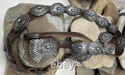 Vintage Navajo Sterling Silver Turquoise brown Leather Concho Belt with Buckle