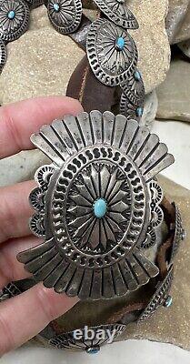 Vintage Navajo Sterling Silver Turquoise brown Leather Concho Belt with Buckle