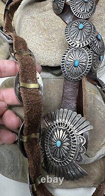 Vintage Navajo Sterling Silver Turquoise brown Leather Concho Belt with Buckle