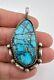 Vintage Navajo Sterling Silver Webbed Kingman Turquoise Stamped Pendant 2.5