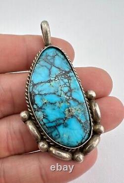 Vintage Navajo Sterling Silver Webbed Kingman Turquoise Stamped Pendant 2.5