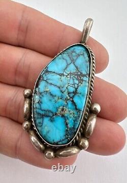 Vintage Navajo Sterling Silver Webbed Kingman Turquoise Stamped Pendant 2.5