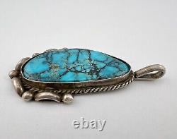 Vintage Navajo Sterling Silver Webbed Kingman Turquoise Stamped Pendant 2.5