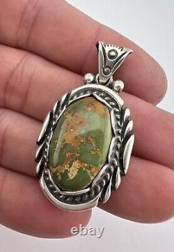 Vintage Navajo Sterling Silver Webbed Royston Turquoise Stamped Pendant 1.75