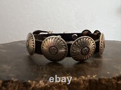 Vintage Navajo Sterling Silver and Turquoise Concho Style Leather Bracelet 10